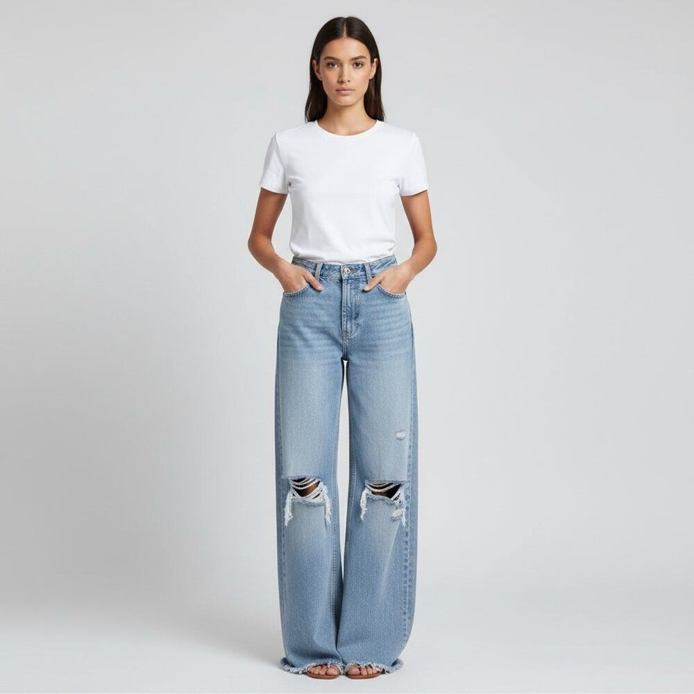 Zara TRF High Rise Wide Leg Ripped Denim Jeans 4 Light Wash Distressed Blue Raw